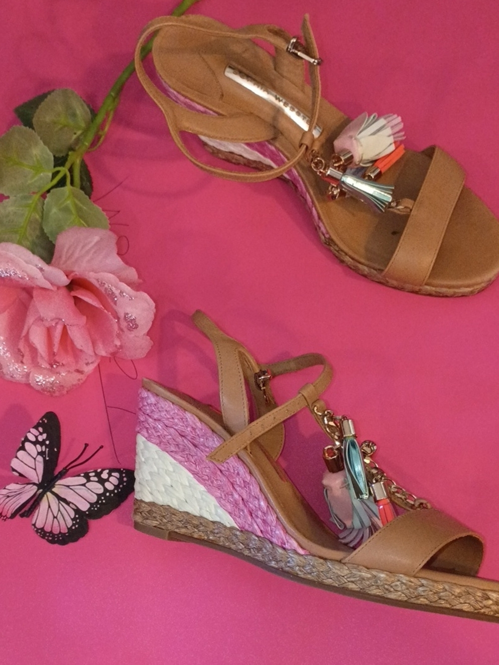 Sophia Webster Tan Espadrille Wedge Sandals with Pink and White Braided Heel